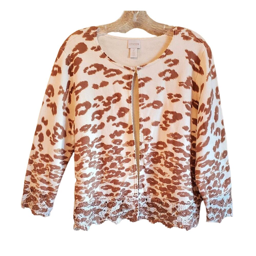 CHICO'S 2 Women L Charlee Cardigan Sweater Cheetah Cream Beige Crochet 40"
